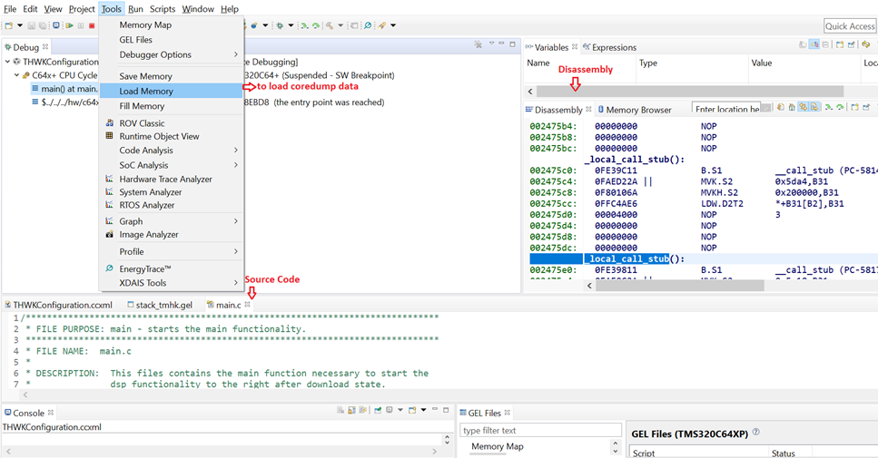 how to load core dump data and view disassembly and source files in CCS