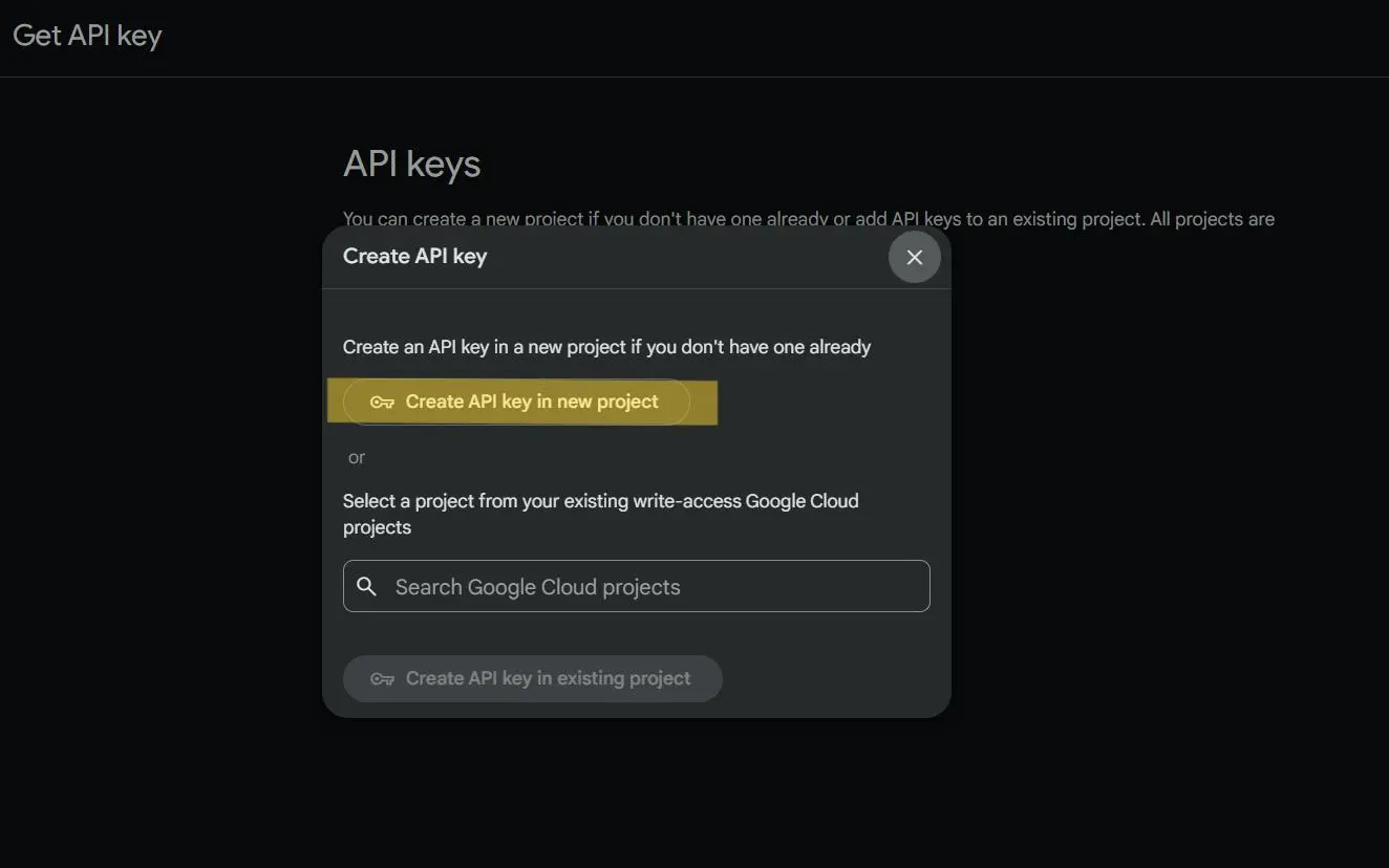 Create API key in new project