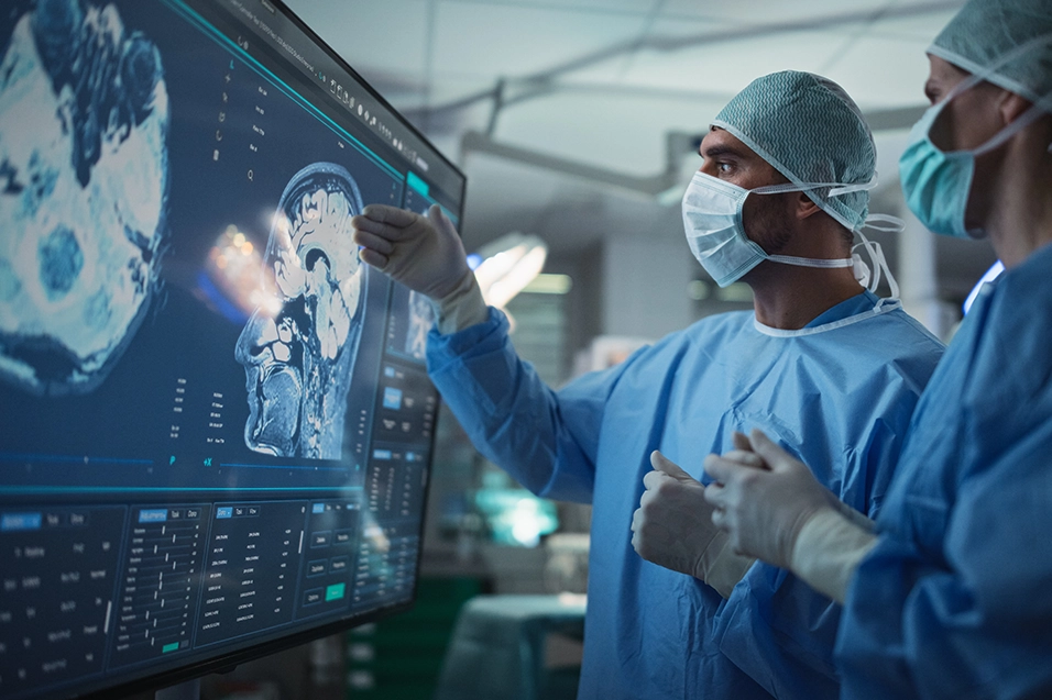 Surgeons analyzing medical imaging data.